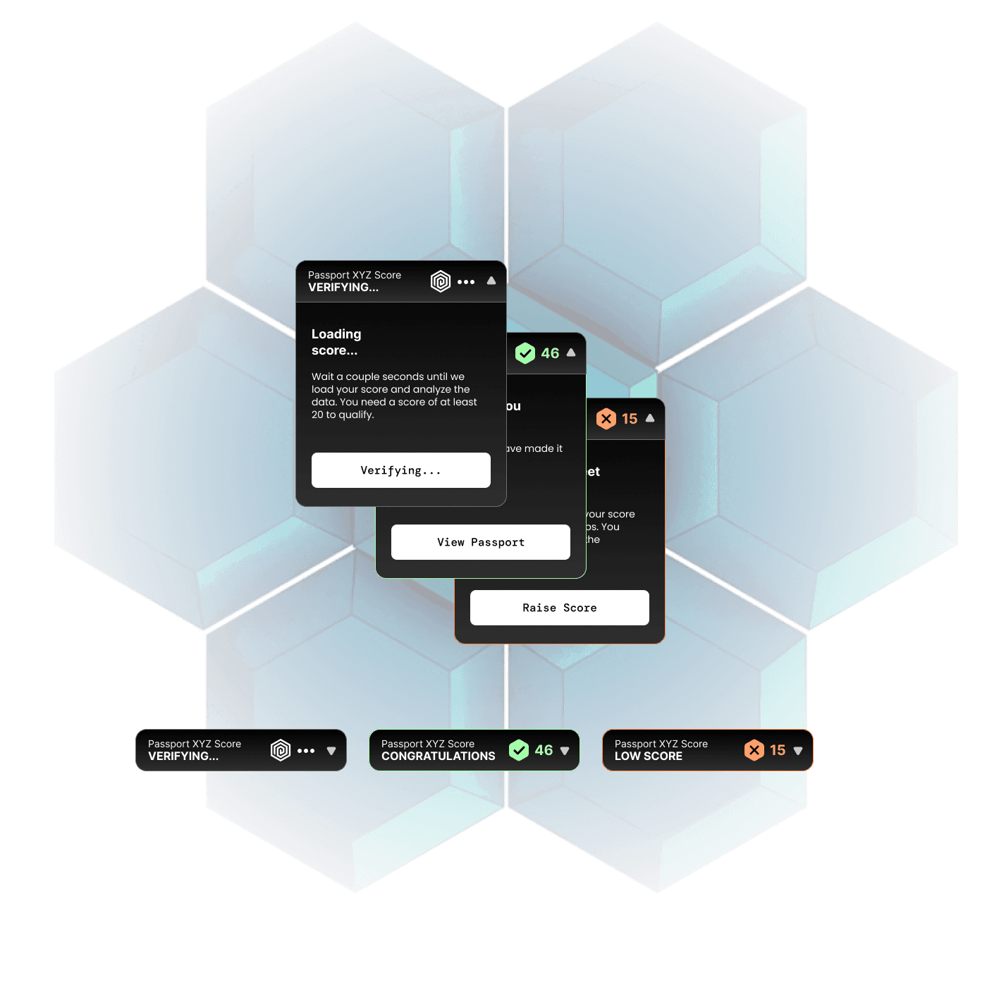 Passport embed verification cards over a geometric cube pattern.