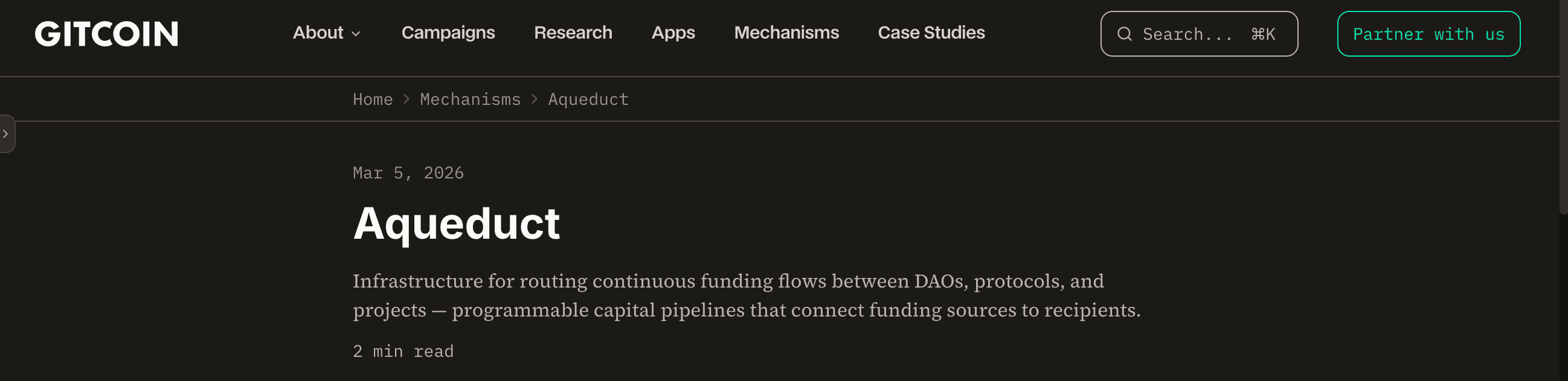 Gitcoin top nav and breadcrumb leading to an article
