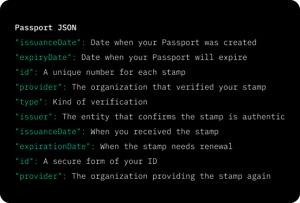 Passport JSON fields explaining privacy-preserving stamp metadata.