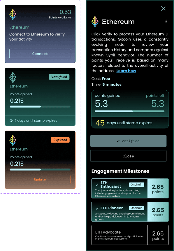 Passport stamp cards and Ethereum stamp details sidebar.