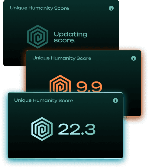 Passport Unique Humanity Score cards showing score updates.