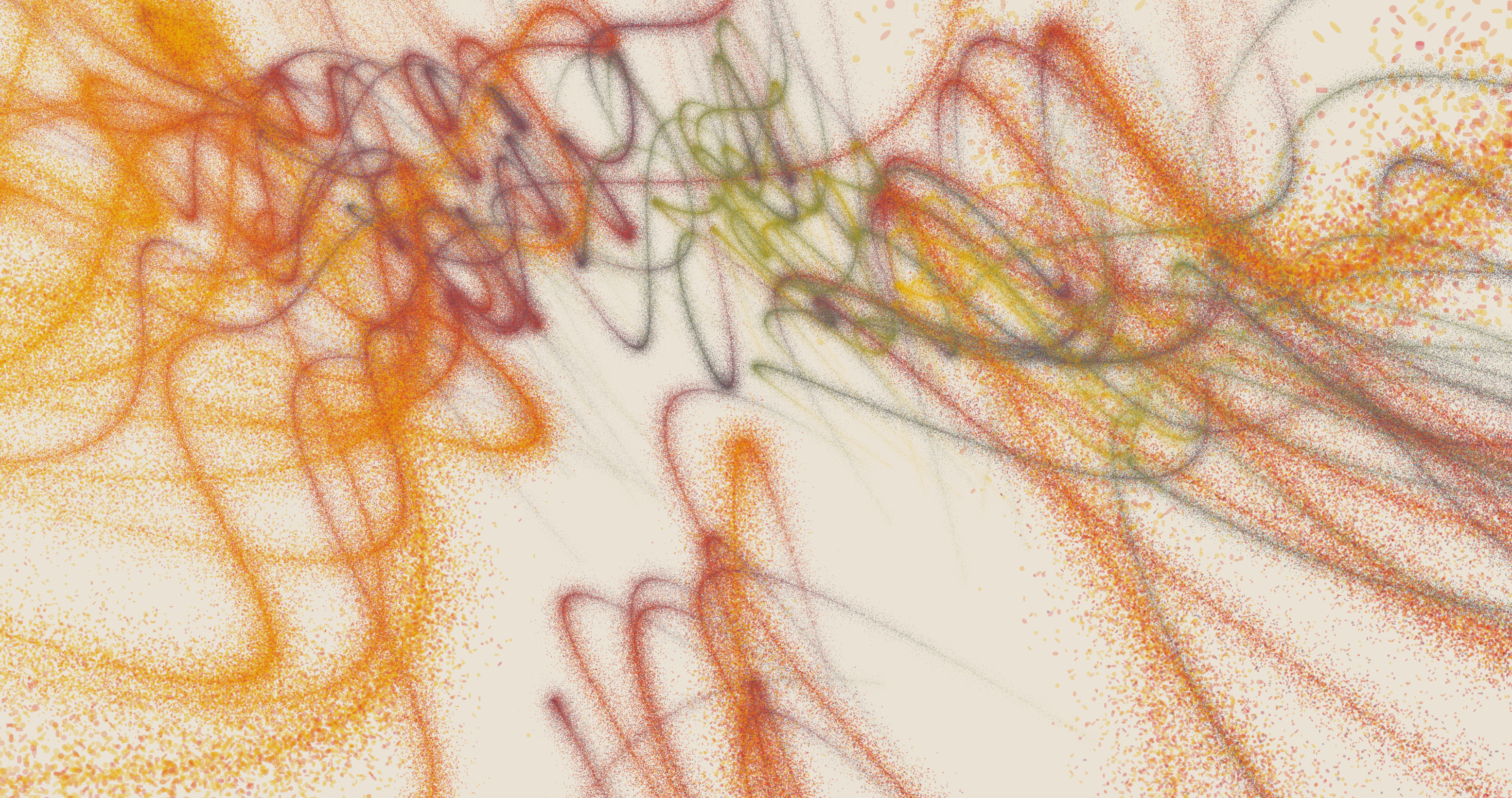 Layered orange, red, yellow, and green particle trails generated from Bezier swarm paths.