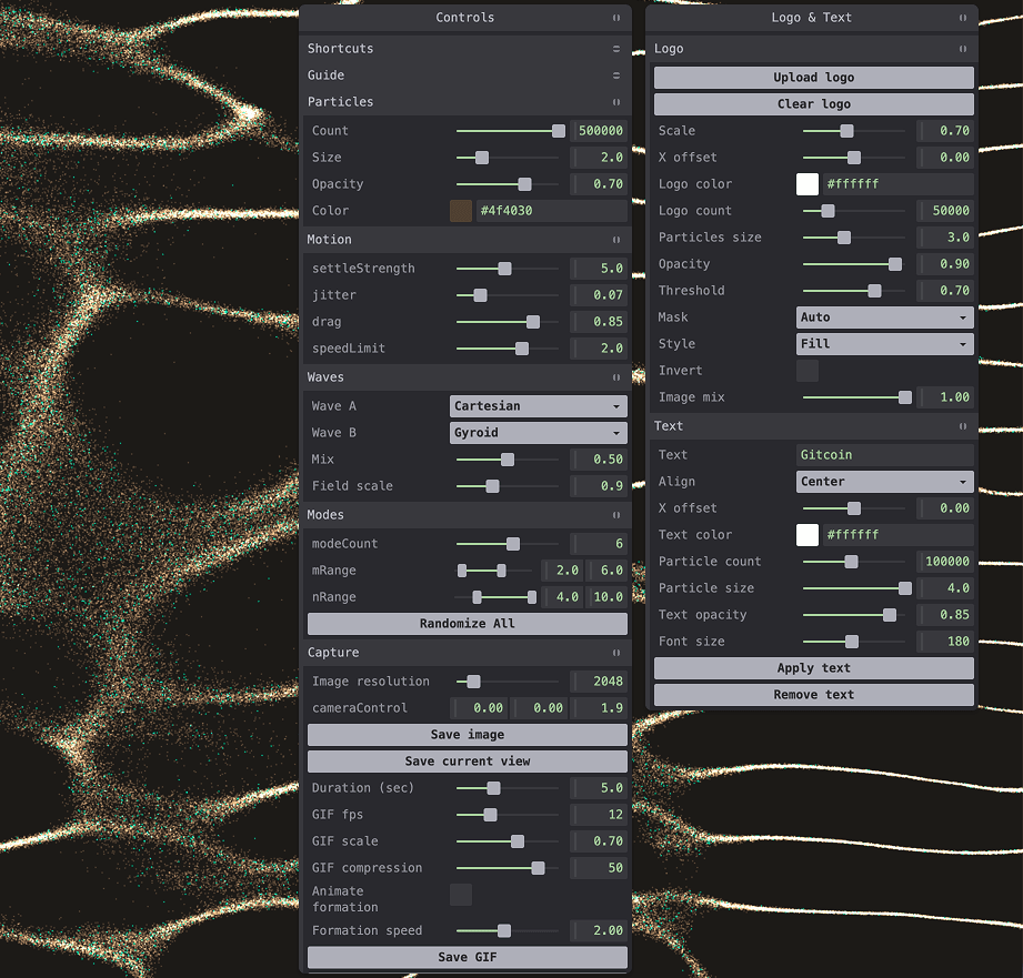 Gitcoin generative asset system controls over Chladni particle artwork.