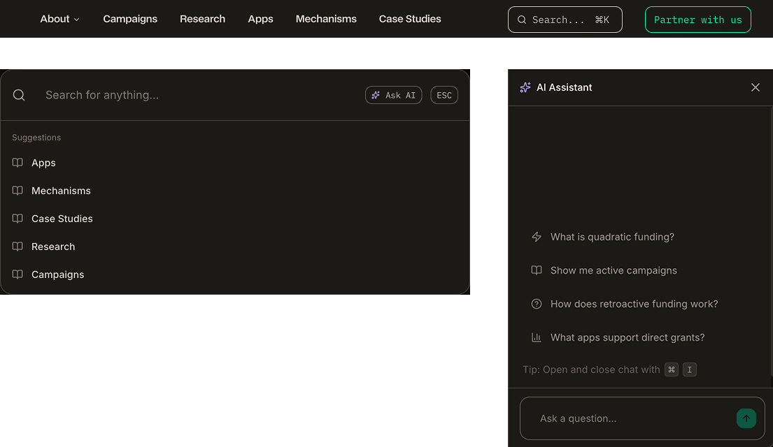 Gitcoin search overlay and AI assistant panel.