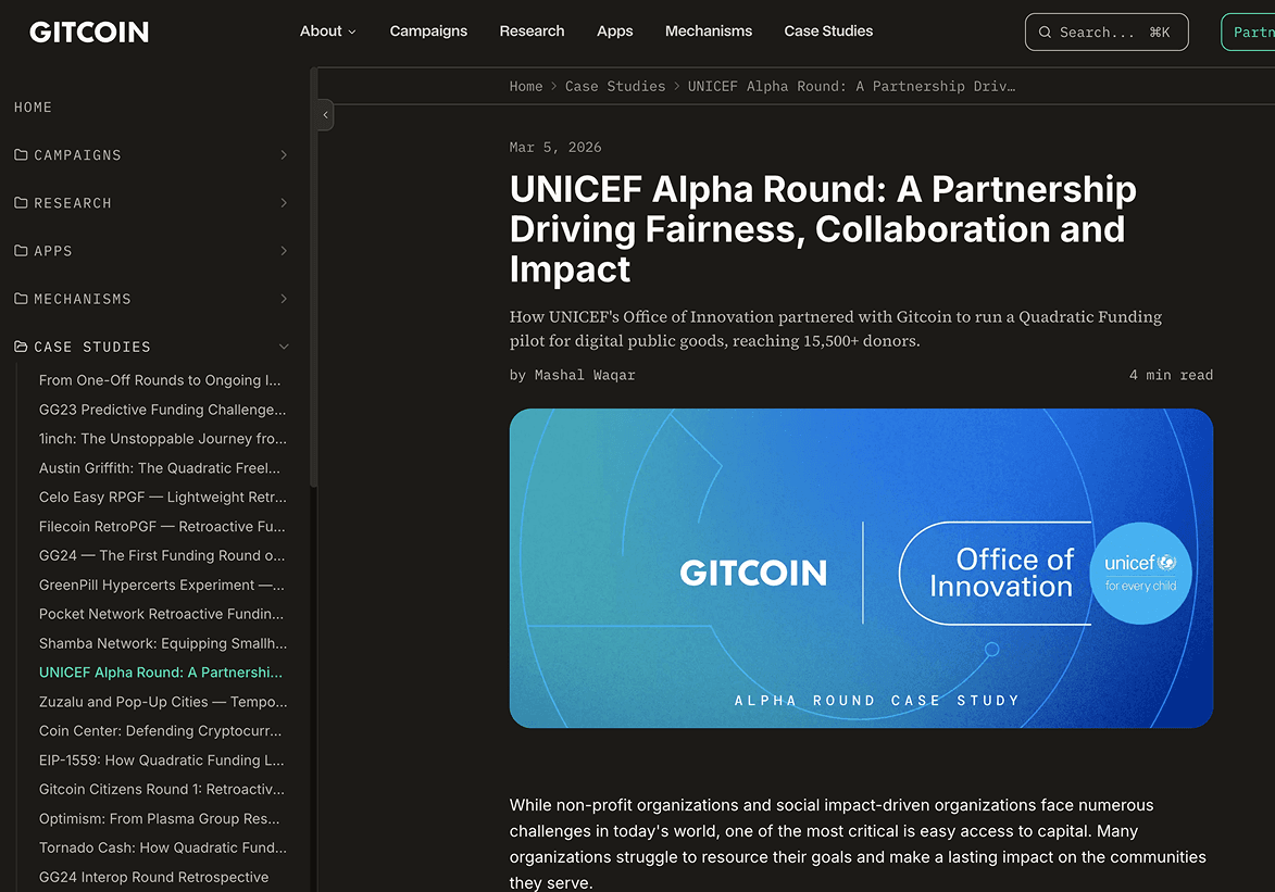 Gitcoin article page with tree sidebar navigation.