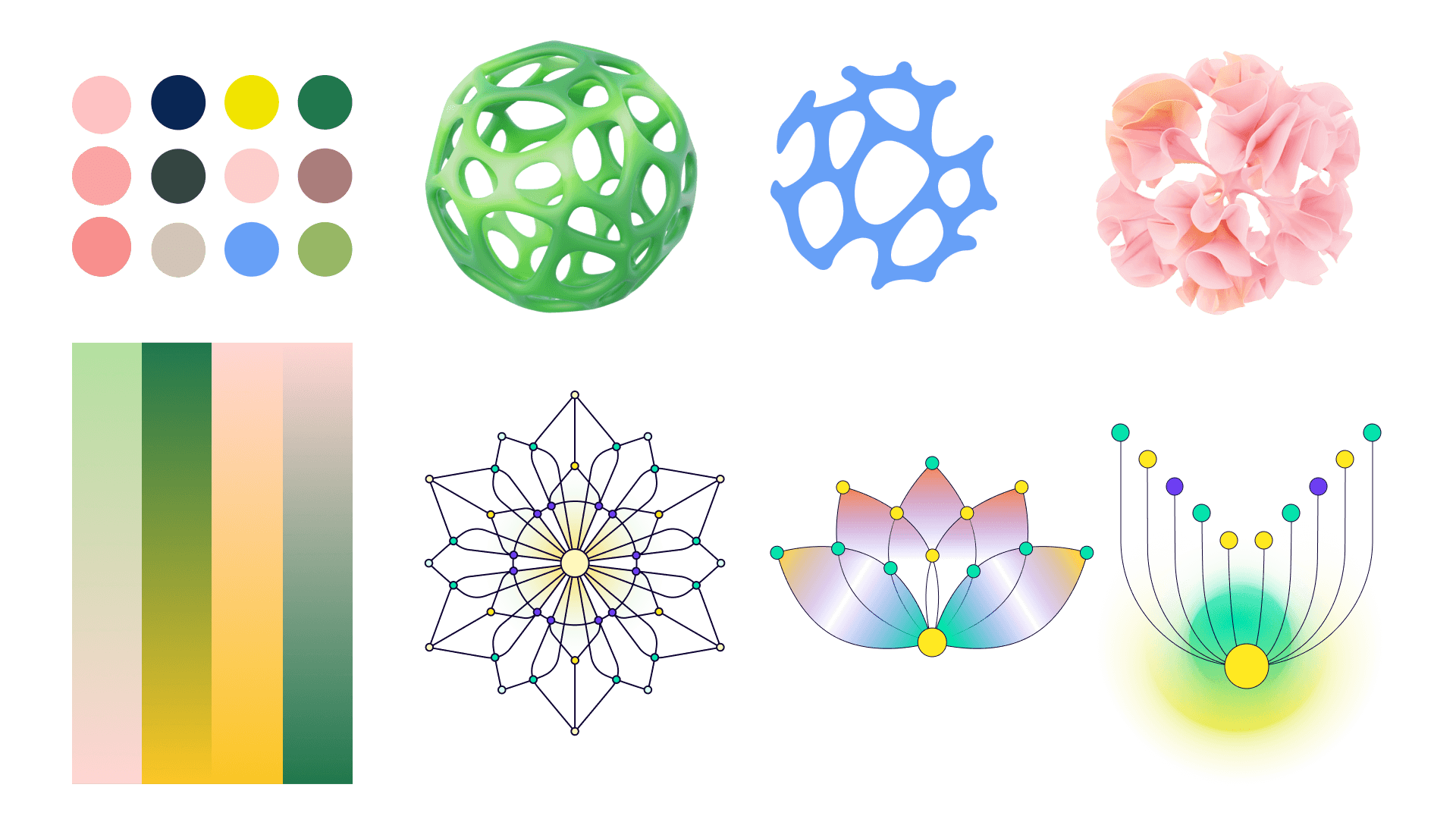 Schelling Point visual design system with palette, 3D forms, and generative graphics.